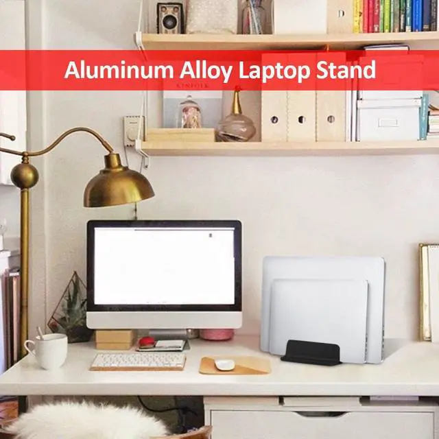 Alt view image 2 of 6 - Double Vertical Laptop Stand Bracket Aluminum Alloy Double Slots Desktop Tablet Book Notebook Stand Holder with Adjustable Dock