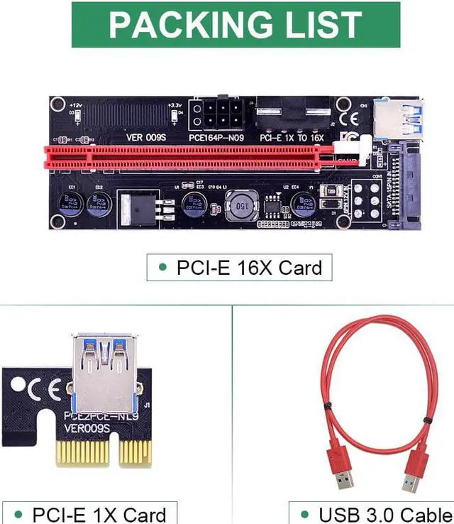 Alt view image 6 of 6 - 6Pack Dual LED VER009S PCI-E Riser Card 009S PCI Express 1X to 16X Extender 60CM USB 3.0 Cable for Bitcoin Miner Mining