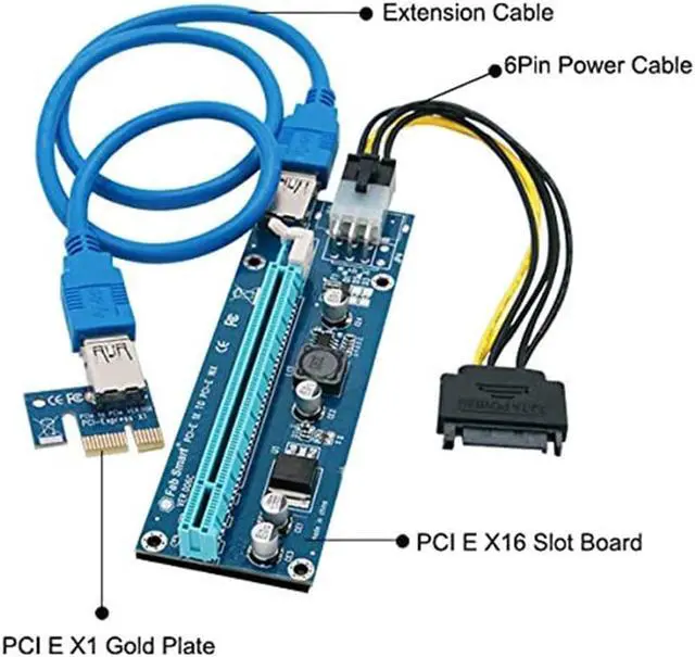 Alt view image 4 of 4 - 6-Pack 006C PCIe PCI-E PCI Express Riser Card 1x to 16x USB 3.0 Data Cable Adapter SATA to 6 pin for Bitcoin Mining