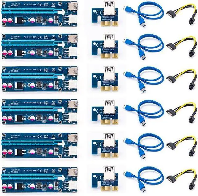 Main image of 6-Pack 006C PCIe PCI-E PCI Express Riser Card 1x to 16x USB 3.0 Data Cable Adapter SATA to 6 pin for Bitcoin Mining