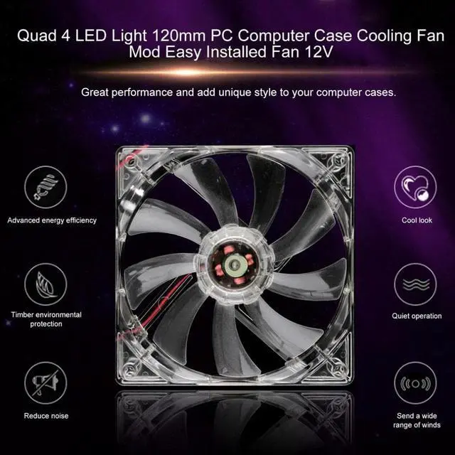 Alt view image 5 of 6 - PC Computer Fan Quad 4 LED Light 120mm PC Computer Case Cooling Fan Mod Quiet Molex Connector Easy Installed Fan 12V