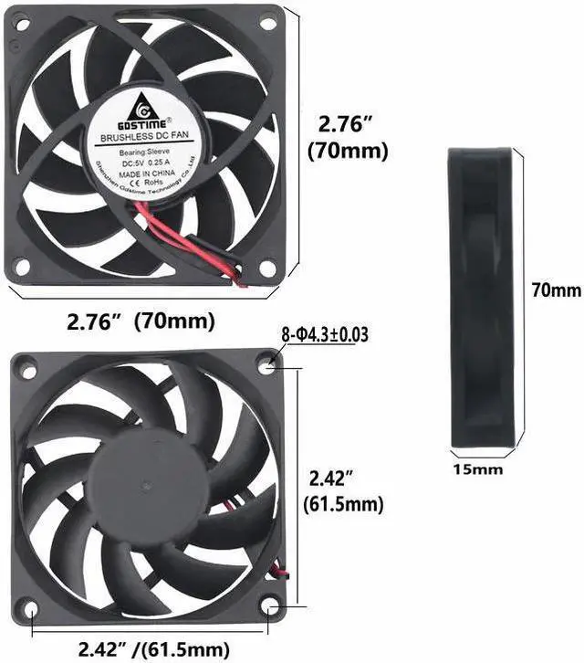 Alt view image 6 of 6 - 2 Pieces DC 5V 2Pin 7015 70mm x 15mm Brushless Motor Cooler Computer Case Heatsink Cooling Fan 70x70mm 7cm