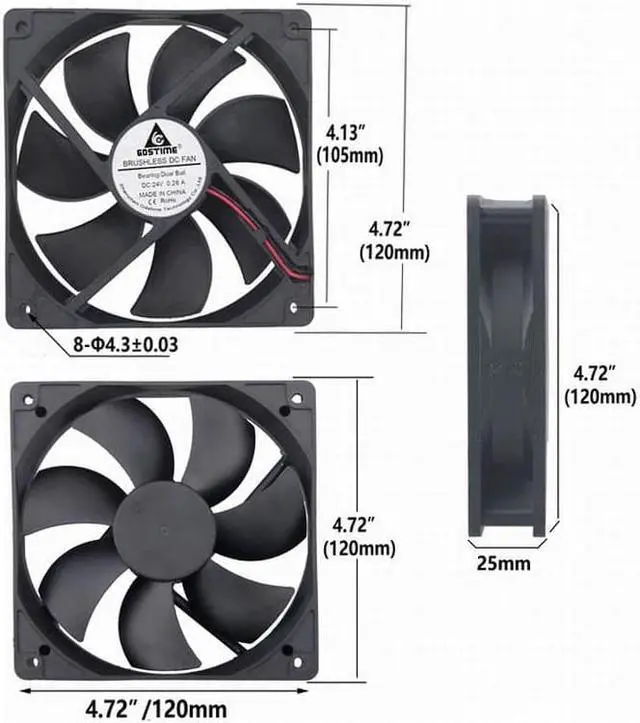 Alt view image 3 of 6 - 1 Piece 24V Ball Bearing DC Cooling Fan 120*120*25mm High Speed Computer PC Case Radiator 120mm x 25mm 2Pin 0.26A 12025