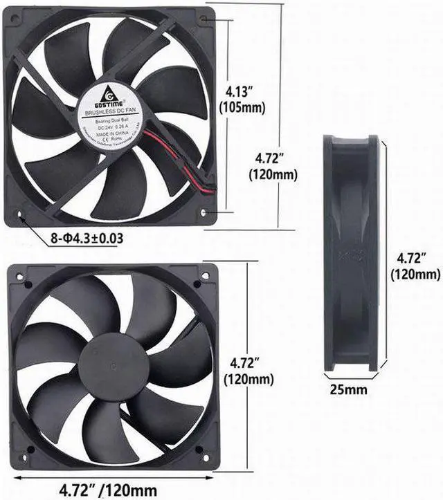 Alt view image 3 of 6 - 1 pcs 2 Wire 120x120x25mm DC 24V Two Balls Brushless Axial Flow Cooler Cooling Fan 120mm x 25mm High Speed 3000RPM 12025