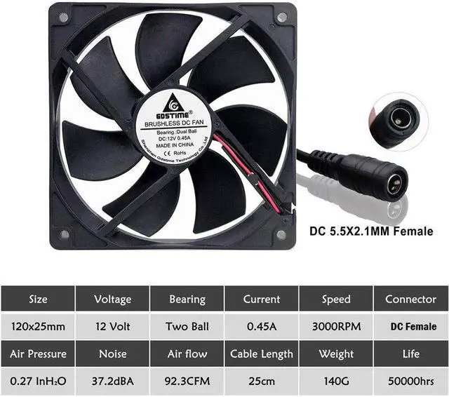Alt view image 5 of 6 - 12V Ball 120mm 120x120x25mm Cooling Fan DC Female 5.5X2.1MM Connector Cooler Fan PC Laptop Computer Case Fan