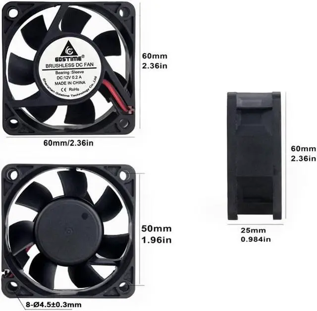 Alt view image 5 of 6 - 5 Pcs 6cm 60mm x 25mm Silent DC Brushless Cooling Fan 12V PC Computer Case 6025 Motor Cooler 60x60mm 12 Volt 2 Pin