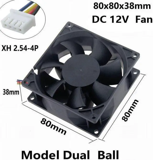 Alt view image 4 of 6 - 2 Pcs DC Brushless Fan 12V 80x80mm 4 Pin Two Ball Bearing Radiator 80mm x 38mm CPU PC Case Cooling Fan 12 Volt 8cm