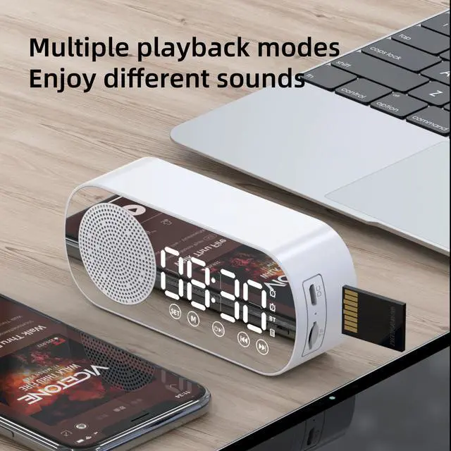 Main image of caixa de som Bluetooth Speaker Mirror Dual Alarm Clock Speakers Wireless Subwoofer Music Player TF Card FM Radio Sound Box