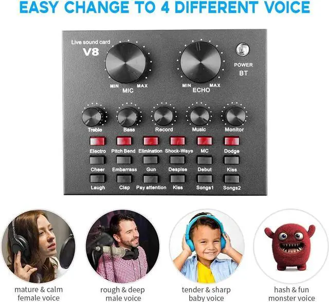 Alt view image 3 of 6 - V8 USB Audio Sound Card 5.0 Headset Microphone Webcast Live Sound Card 18 Sound Effects 6 Modes Sound Card For Phone Computer