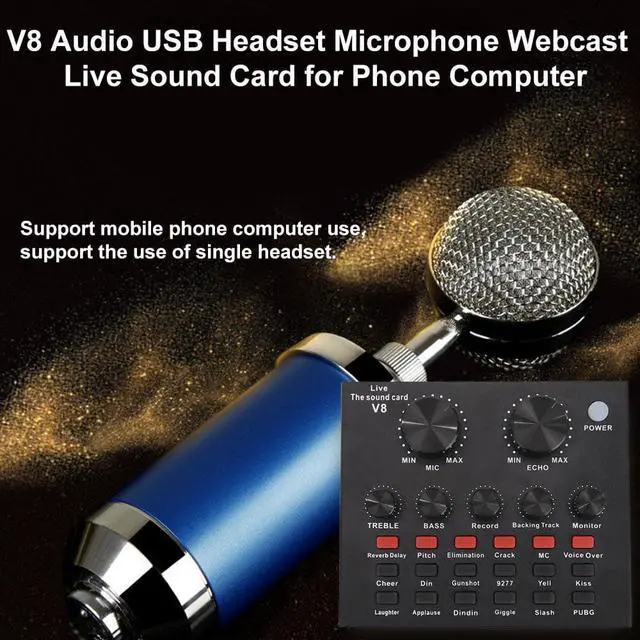 Alt view image 3 of 6 - V8 Audio USB External Sound Card 6 Kinds of Effect Headset Microphone Live Broadcast Sound Card for Mobile Phone Computer PC