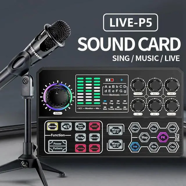 Alt view image 2 of 6 - P5 External Live Sound Card Voice Changer DJ Mixer Live Sound Board for IPhone PC, Bluetooth Mixer with Sound Effects
