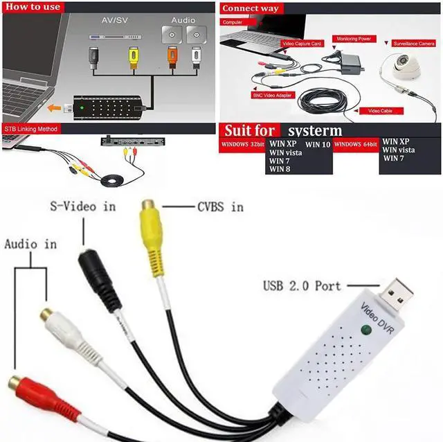 Alt view image 4 of 6 - Capture Card USB To RCA Cable Adapter Audio Video Analog To Digital Converter Record for TV DVR VHS To DVD Recorder Box Player
