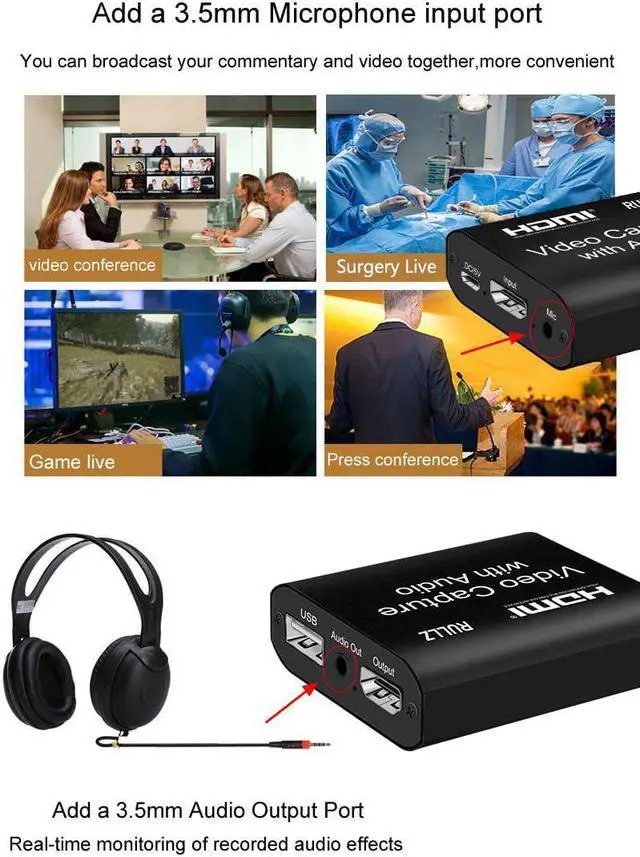 Alt view image 3 of 6 - 4K HDMI Video Capture Card 3.5mm Audio Output Mic In Loop Game Recording Box 1080P USB 2.0 3.0 PC Live Streaming Broadcast Plate