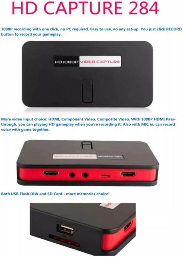 Alt view image 4 of 6 - HD Game Capture for EZcap 284 1080P AV/Ypbpr Video Capture Recorder Box into USB Disk SD Card For Xbox360/One PS3/4