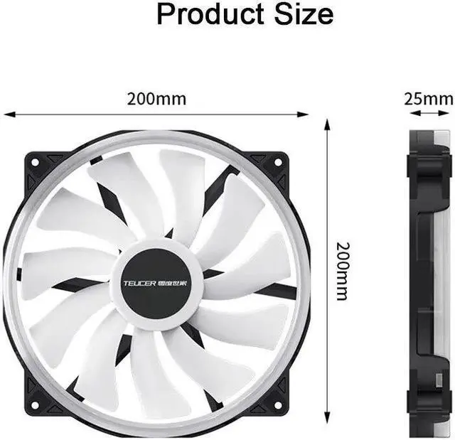 Alt view image 5 of 6 - TEUCER FD200 200mm ARGB Computer Case Fan 5V 3PIN LED Cooling Fans Desktop PC Case Accessories