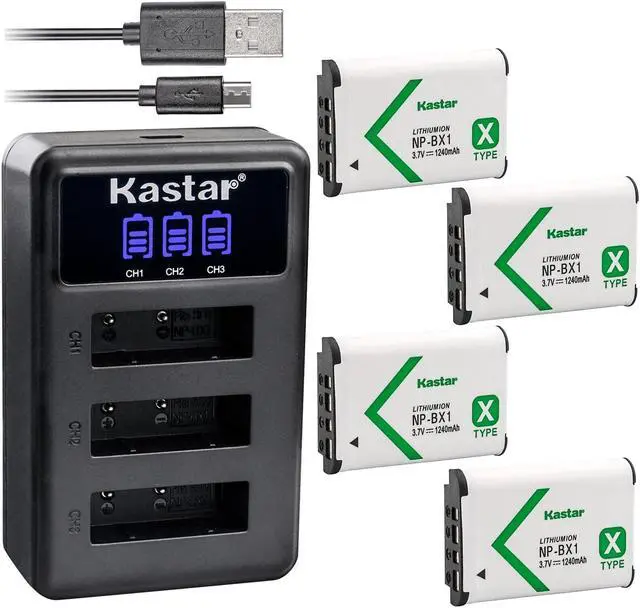 Main image of Kastar 4 Pack NP-BX1 Battery and LCD Triple USB Charger Compatible with Sony NP-BX1, Type X, X-Series Rechargeable Battery Pack, Sony BC-CSX, BC-CSXB, BC-TRX, ACC-TRBX Charger, Shooting Grip VCT-SGR1