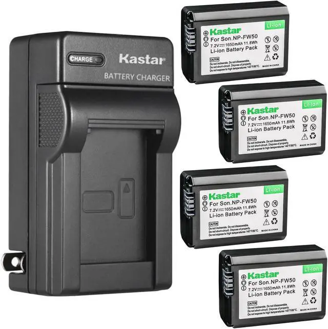 Main image of Kastar 4-Pack NP-FW50 Battery and AC Wall Charger Replacement for Sony NEX-C3, NEX-C5, NEX-F3, SLT-A33, SLT-A35, SLT-A37, SLT-A55, Cyber-shot DSC-RX10, Cyber-shot DSC-RX10 II, Cyber-shot DSC-RX10M2