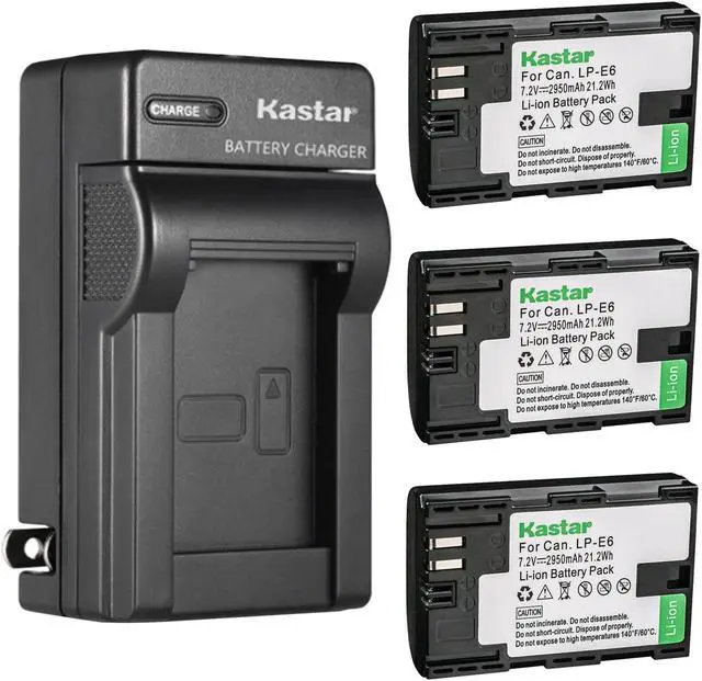 Main image of Kastar 3-Pack LP-E6 Battery and AC Wall Charger Replacement for Canon LP-E6, LP-E6N, LP-E6NH, LP-E6NPro Battery, Canon BG-E6, BG-E9, BG-E11, BG-E13, BG-E14, BG-E16, BG-E20, BG-E21, BG-E22 Battery Grip
