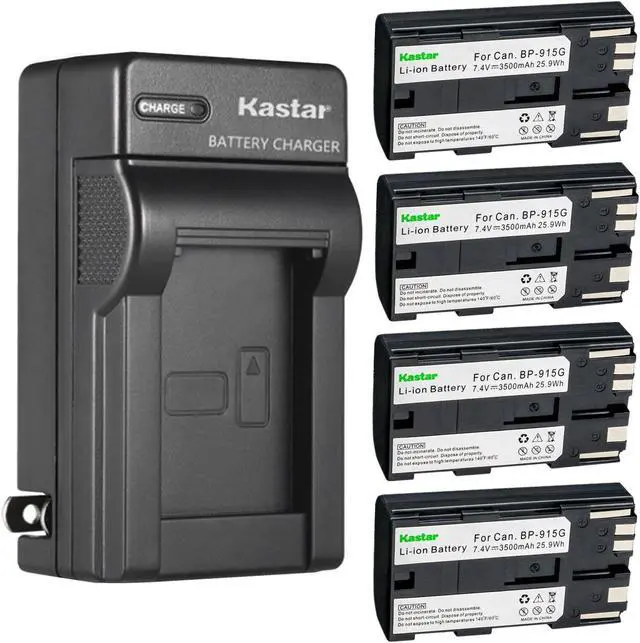 Main image of Kastar 4-Pack BP-915G Battery and AC Wall Charger Replacement for Canon XM1, XM2, XV1, XV2, C2, FV1, DM-MV1, DM-MV10, DM-MV20, E1, E2, E30, E65AS, EOS C100, EOS C100 Mark II, EOS C300, C300 PL Camera