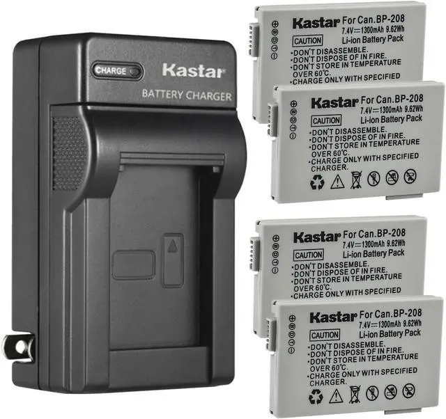 Main image of Kastar 4-Pack Battery and AC Wall Charger Replacement for Canon BP-208 BP208 BP-208DG Battery, Canon Optura S1, VIXIA HR10, DC10, DC19, DC20, DC21, DC22, DC40, DC50, DC51, DC95, DC100, DC200 Cameras