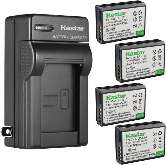 Main image of Kastar 4-Pack Battery and AC Wall Charger Replacement for Canon LP-E10 LPE10 Battery, Canon LC-E10 LC-E10N Charger, Canon EOS 3000D, EOS Kiss X50, EOS Kiss X70, EOS Kiss X80, EOS Kiss X90 DSLR Camera