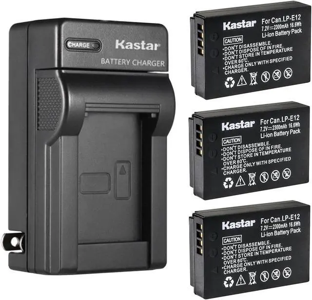 Main image of Kastar 3-Pack Battery and AC Wall Charger Replacement for Canon LP-E12 LPE12 Battery, Canon LC-E12 LC-E12E Charger, Canon EOS M50, EOS M50 Mark II, EOS M100, EOS M200, EOS Rebel SL1 Camera