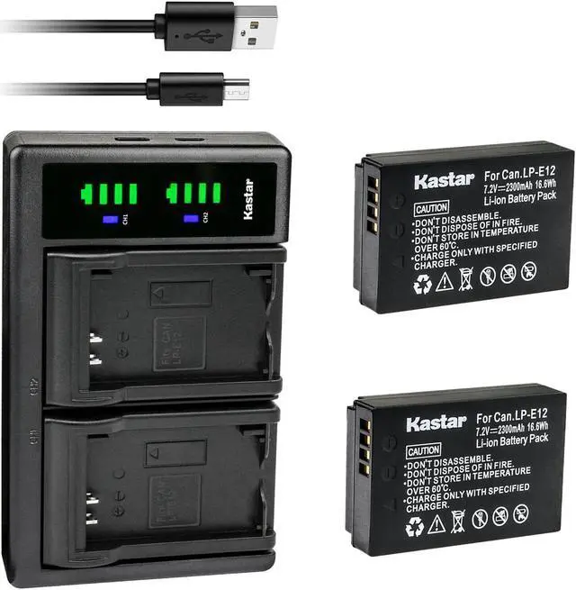 Main image of Kastar 2-Pack Battery and LTD2 USB Charger Replacement for Canon LP-E12 LPE12 Battery, Canon LC-E12 LC-E12E Charger, Canon  EOS M50 Mark II, EOS M100, EOS M200, EOS Rebel SL1, PowerShot SX70 HS Camera