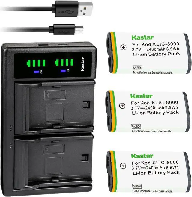 Main image of Kastar 3-Pack KLIC-8000 Battery and LTD2 USB Charger Replacement for Kodak Z885, Z1012 IS, Z1015 IS, Z1085 IS, Z1485 IS, Z612 IS, Z712 IS, Z812 IS, Z8612 IS, Pocket Video Camera ZX1 Digital Camera