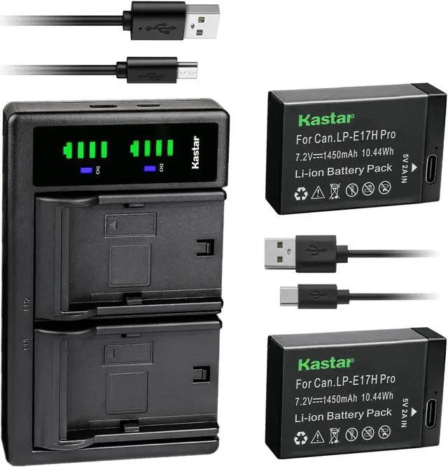 Main image of Kastar 2-Pack LP-E17H Pro Battery W/ Type-C Cable and AC Wall Charger Compatible with Canon LP-E17 LP-E17H, 9967B02 Battery, Canon EOS 77D, EOS M5, EOS M6 Camera, Canon BG-E18, BG-E18 IR Battery Grip
