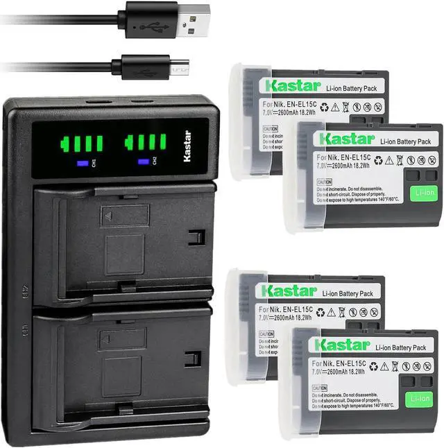 Main image of Kastar 4-Pack EN-EL15c Battery and LTD2 USB Charger Replacement for Nikon EN-EL15 EN-EL15a EN-EL15b EN-EL15c Battery, MH-25 MH-25a MH-25b Charger, MB-D11, MB-D12, MB-D14, MB-D15, MB-D16, MB-D18 Grips