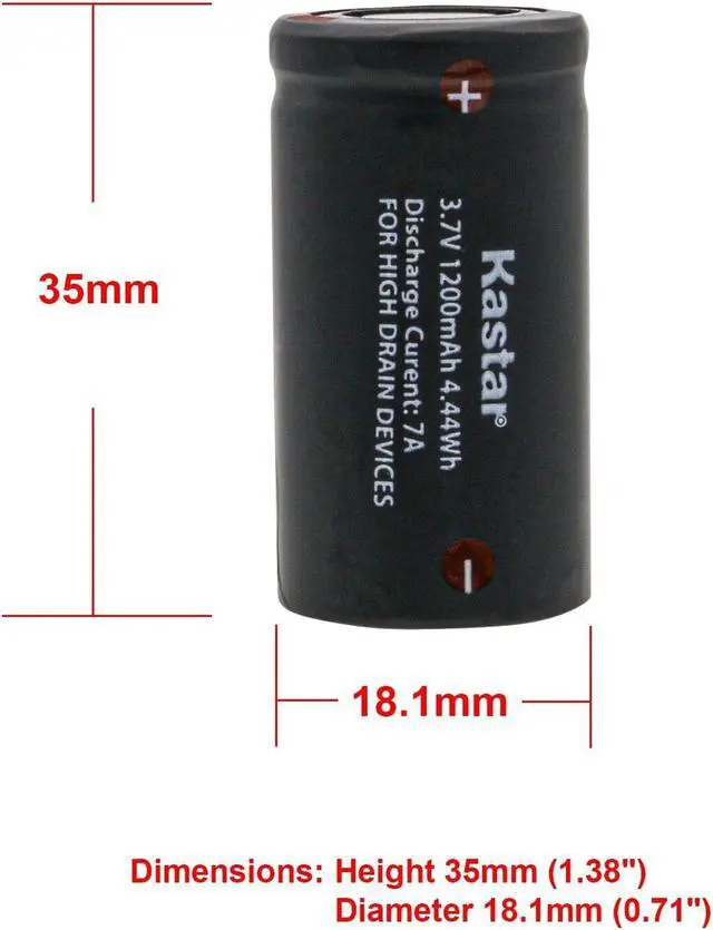 Alt view image 2 of 5 - Kastar Battery 1-Pack Replacement for 3.7V 1200mAh Li-ion IMR18350, Flat Top, High Drain 7A Discharge Rechargeable Lithium-ion Battery