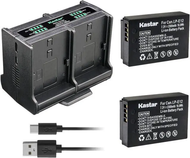 Main image of Kastar 2-Pack Battery and Quadruple Charger Compatible with Canon LP-E12 LPE12 Battery, Canon LC-E12 LC-E12E Charger, Canon EOS 100D EOS M M2 M10 M50 Mark2 M100 M200 Rebel SL1 PowerShot SX70 HS Camera