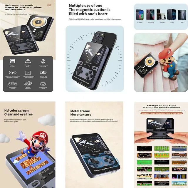 Alt view image 6 of 7 - Kastar 2 In 1 Handheld Video Game Console Built-In 500 Classic Mini Games With 5000mAh Magnetic Power Bank, Wireless Portable Power Supply with Type-C Port Color: Gold