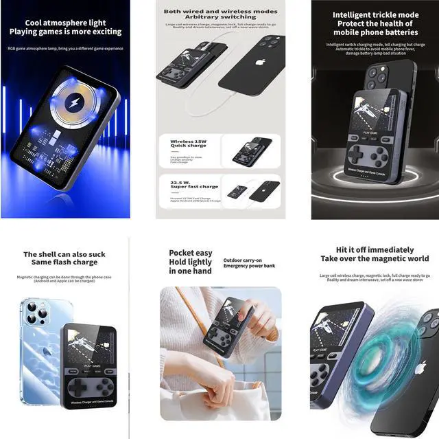 Alt view image 7 of 7 - Kastar 2 In 1 Handheld Video Game Console Built-In 500 Classic Mini Games With 5000mAh Magnetic Power Bank, Wireless Portable Power Supply with Type-C Port Color: Gold