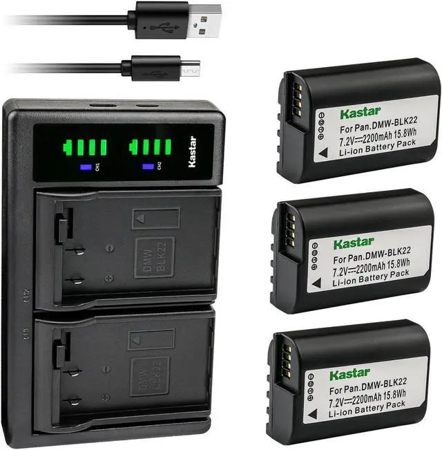 Main image of Kastar 3-Pack BLK22 Battery and LTD2 USB Charger Compatible with Panasonic DMW-BLK22 Lithium-Ion Battery, Panasonic DMW-BTC15 Battery Charger, Panasonic Lumix DC-S5 DC-S5KK Mirrorless Digital Camera