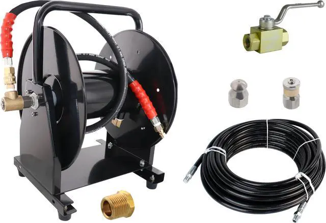 Main image of Scheiffer Sewer Jetting Kit - Ball Valve Hose Reel 1/4" x 200' Sewer Jetting Hose Button Nose and Rotating Nozzles