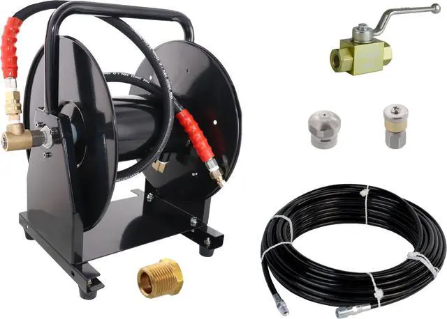 Main image of Scheiffer Sewer Jetting Kit - Ball Valve Hose Reel 1/8" x 100' Sewer Jetting Hose Button Nose and Rotating Nozzles