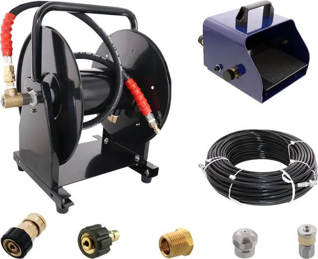 Main image of Scheiffer Sewer Jetting Kit - Foot Control Valve Hose Reel 1/8" x 200' Sewer Jetting Hose Button Nose and Rotating Nozzles