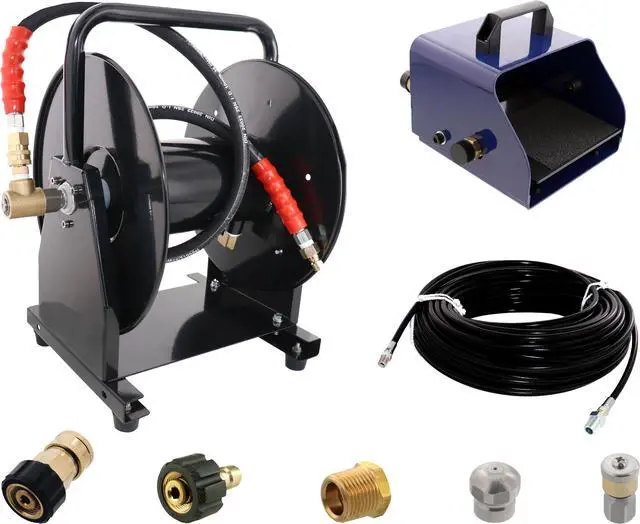 Main image of Scheiffer Sewer Jetting Kit - Foot Control Valve Hose Reel 1/8" x 150' Sewer Jetting Hose Button Nose and Rotating Nozzles