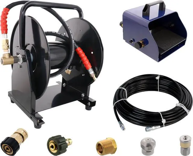 Main image of Scheiffer Sewer Jetting Kit - Foot Control Valve Hose Reel 1/8" x 100' Sewer Jetting Hose Button Nose and Rotating Nozzles