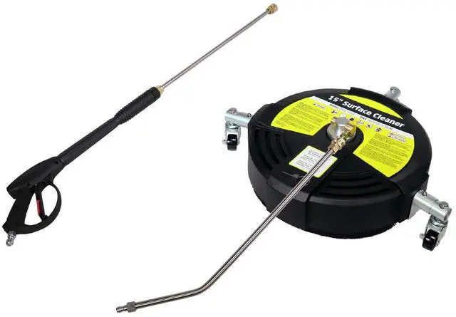 Main image of Erie Tools 15 Plastic Reversible Flipping Surface Cleaner W/ Rotating Wheels and High-Pressure Washing Gun and 20 Stainless Steel Wand Kit