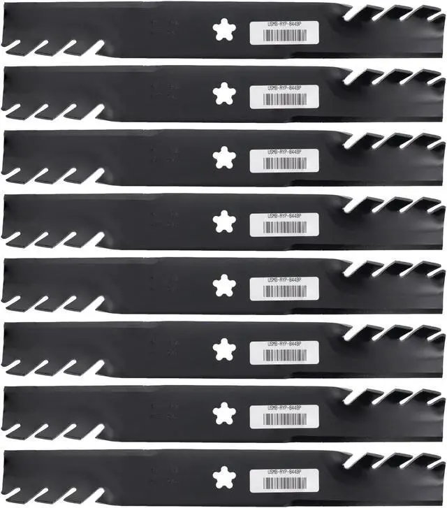 Main image of 8 USA Mower Blades AYP844BP High-Lift Toothed Fits AYP 12784 127842 134148 138407 138497 138970 139774 193957 Length 19-5/16 in. Width 2-1/2 in. Thickness .187 in. Center Hole 5 Point Star 38 in. Deck
