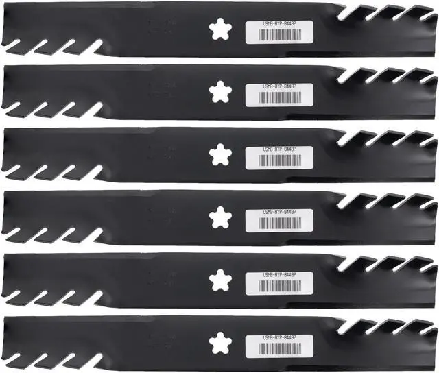 Main image of 6 USA Mower Blades AYP844BP High-Lift Toothed Fits AYP 12784 127842 134148 138407 138497 138970 139774 193957 Length 19-5/16 in. Width 2-1/2 in. Thickness .187 in. Center Hole 5 Point Star 38 in. Deck