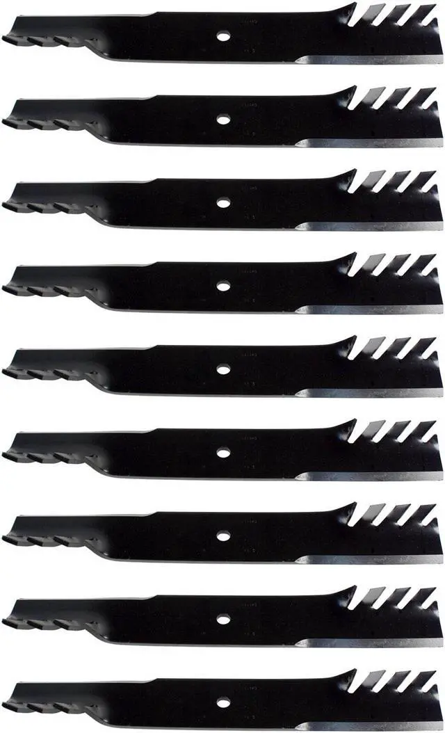 Main image of 9 USA Mower Blades CMB483BP Toothed High-Lift fit 103-6383 103-6383-S 103-6393 103-6393-S 103-6398 103-6398-S Length 20-1/2 in. Width 3 in. Thickness .250 in. Center Hole 15/16 in. 60 in. Deck