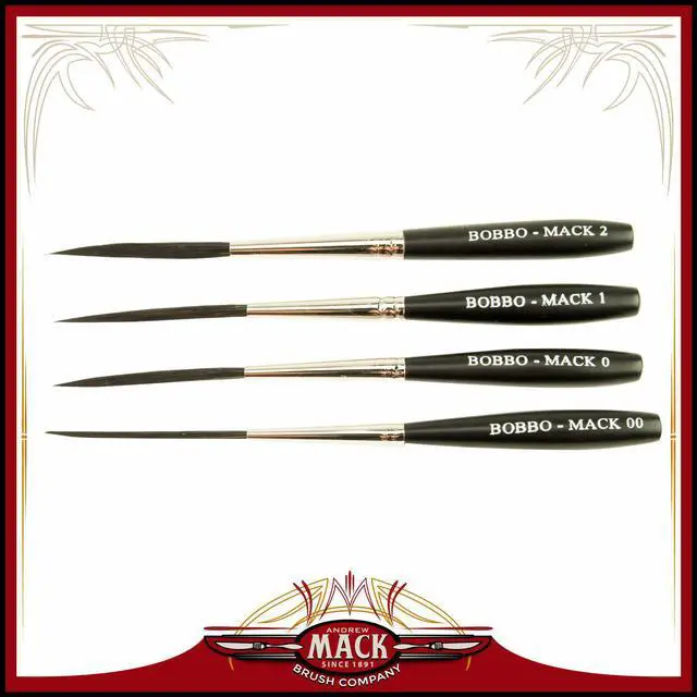 Main image of Set of 4 Sizes 00-2 Series Bobbo-Mack Super Quad 4 Action Scroll Pinstriper Brushes Blue Squirrel & Black Synthetic Hair
