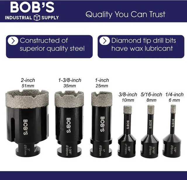 Alt view image 2 of 7 - BISupply Diamond Hole Saw Drill Bit Set - 6pc Diamond Drill Bits for Porcelain glass, mirror, tile, ceramic, concrete, cement, stone, marble, and masonry