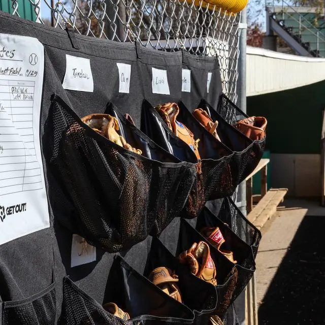 Alt view image 6 of 7 - Get Out! Hanging Baseball Helmet Bag - 15 Pocket Team Equipment Organizer