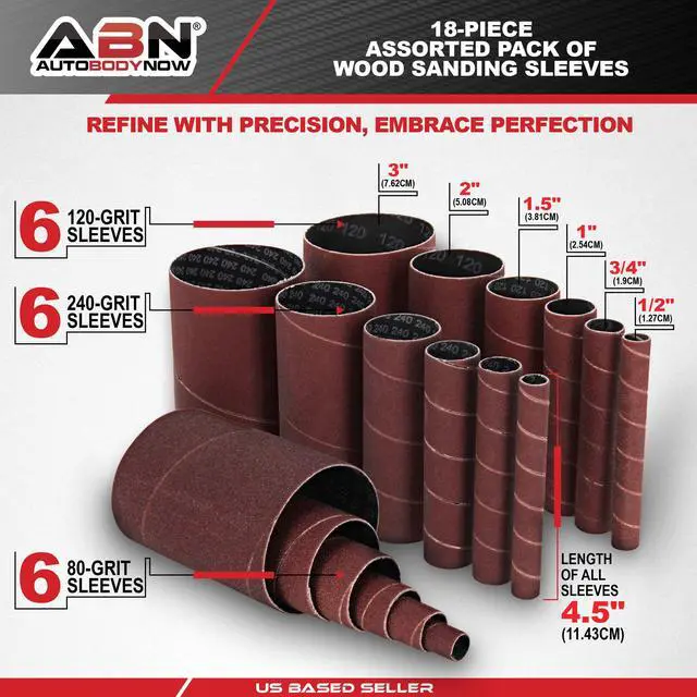 Alt view image 2 of 7 - ABN Aluminum Oxide Wood Sanding Sleeves 18-Pack 4.5 Inch Long Sandpaper Rolls