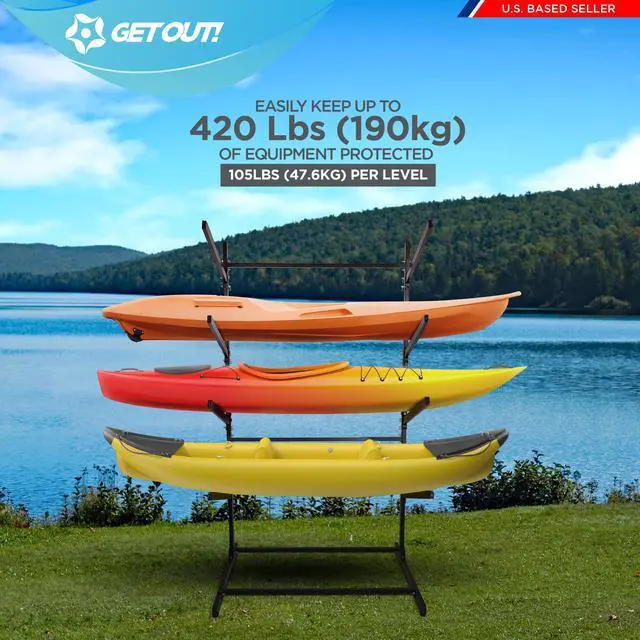 Alt view image 4 of 7 - Get Out! Kayak Stand 420lb - 4 Tier Free Standing Paddle Board Dock Storage Rack