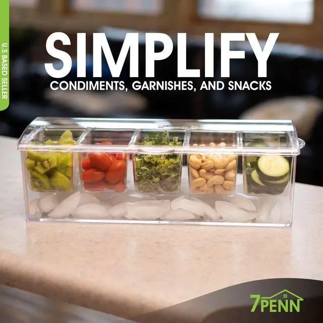 Alt view image 7 of 8 - 7Penn | Condiment Tray with Ice Chamber Lid Tongs Spoons 5 Condiment Containers